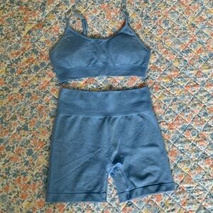 Blue Biker Short & Sports Bra Workout Set